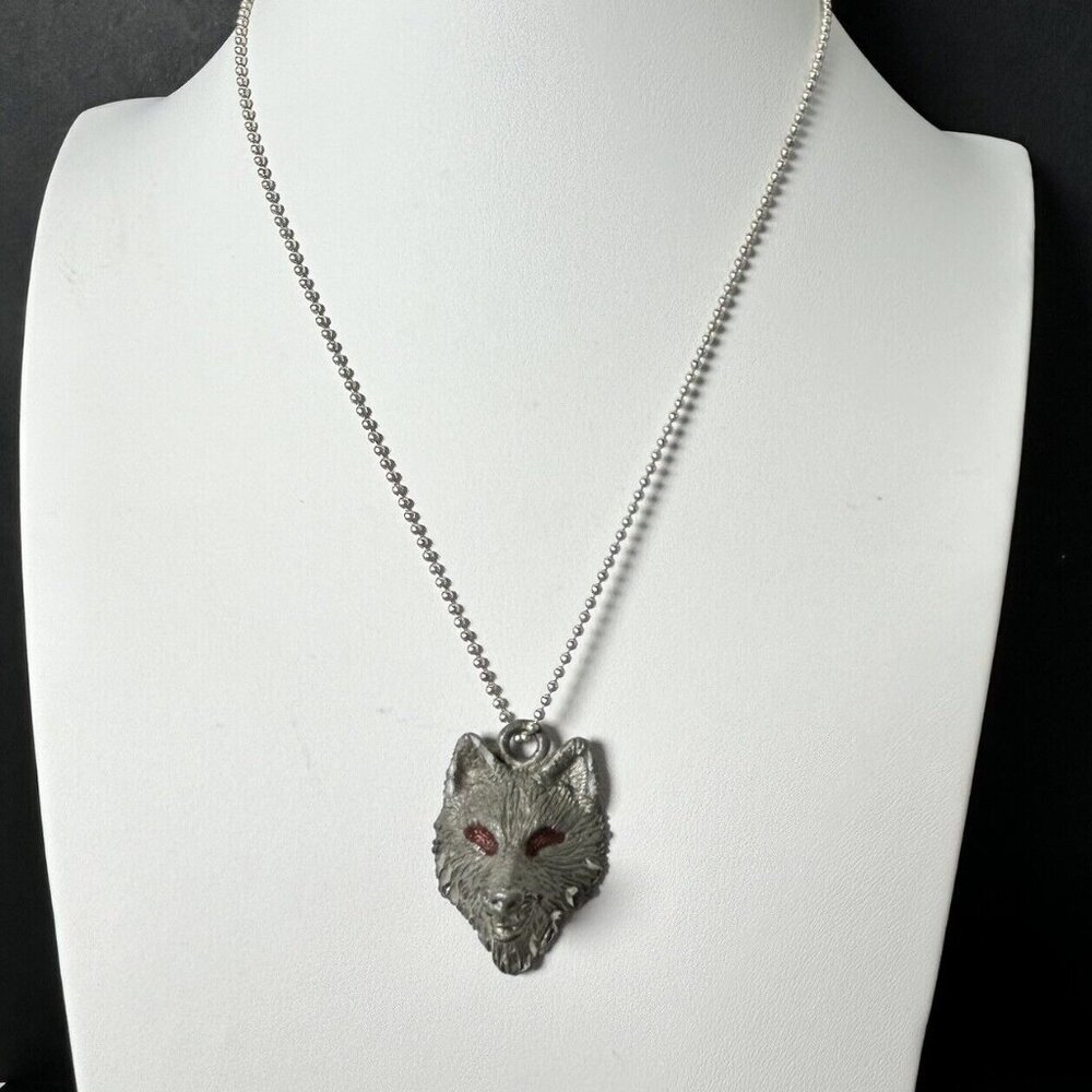 Vintage ETC Pewter Wolf Necklace Diamond Cut Red Eyes Made In USA 24" Chain 925